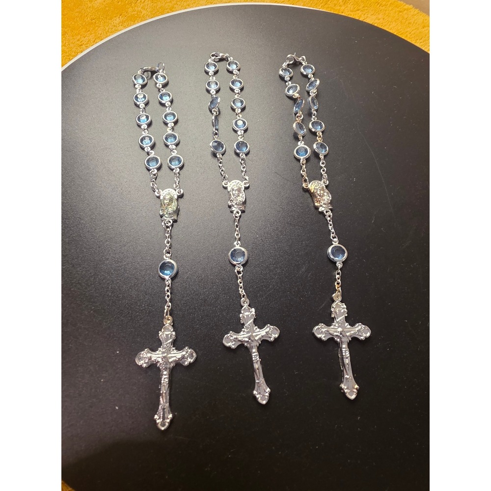 Set 3 Blue Crystal Rosary Necklaces Silver Tone Crucifix Virgin Mary Religious
